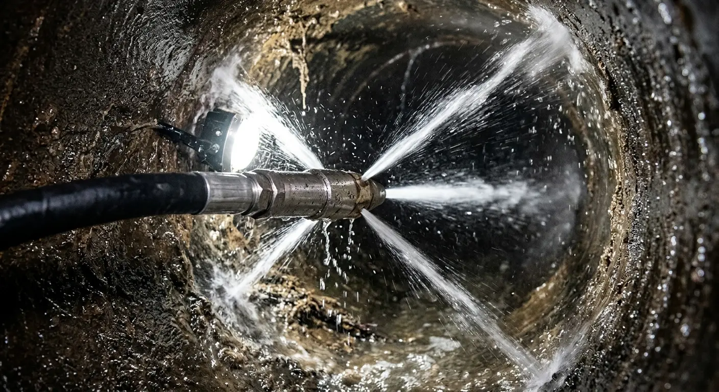 High-pressure hydro jetting nozzle cleaning sewer pipe for Sewer Cleanout in West Manheim