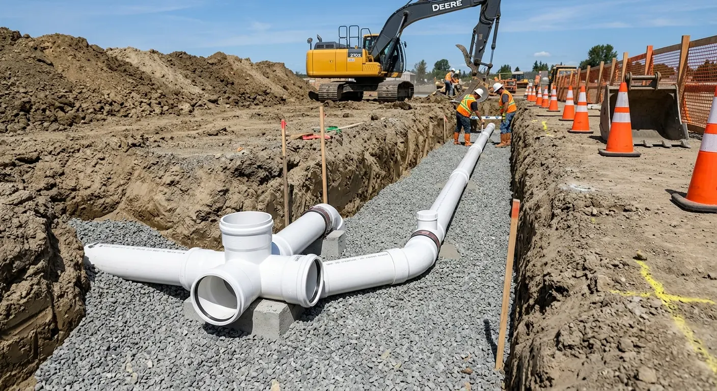 New PVC sewer pipe installation in open trench for Commercial Drain Cleaning in West Manheim