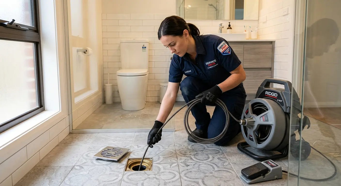 Technician clearing a bathroom floor drain for Sewer Line Replacement in West Manheim